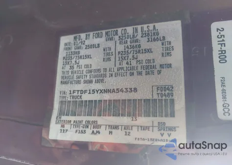 1992 Ford F150 из США, поврежденный, VIN 1FTDF15YXNNA54338